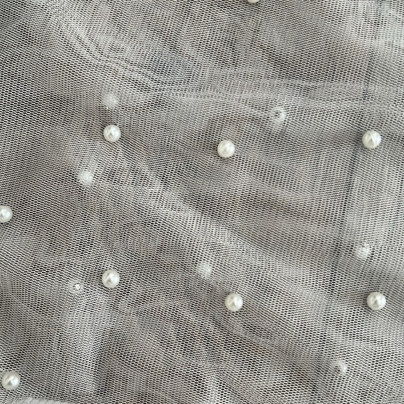 Off-White mesh long sleeve mock neck crop top with front tie and pearl details. - Picture 6 of 6